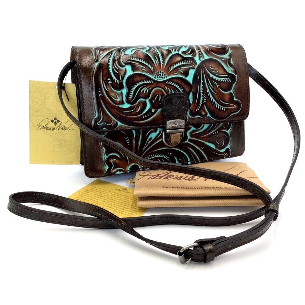 Patricia Nash Locri Tooled Leather Crossbody Turquoise Brown P894133 NWT $169